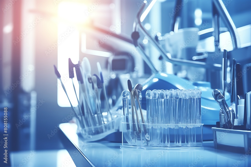 Dental tools on a table in a dental clinic. Blue toned Dental tools on a table in a dental clinic. Blue toned