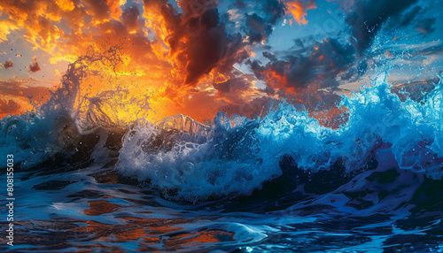 A dramatic and vivid encounter of royal blue and sunset orange waves, clashing in a striking display that mimics the breathtaking beauty of an evening sky.