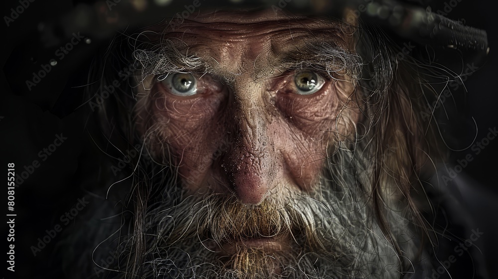 A tight shot of a bearded man with long hair, donning a hat, gazing intently into the camera with a grave expression A tight shot of a bearded man with long hair, donning a hat, gazing intently into the camera with a grave expression