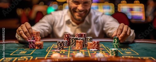 Smiling man placing bets at casino table