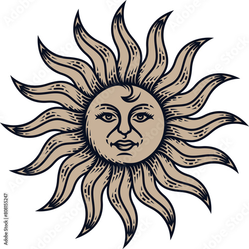 Vintage engraving illustrations of mythological sun and  with face (ID: 808155247)