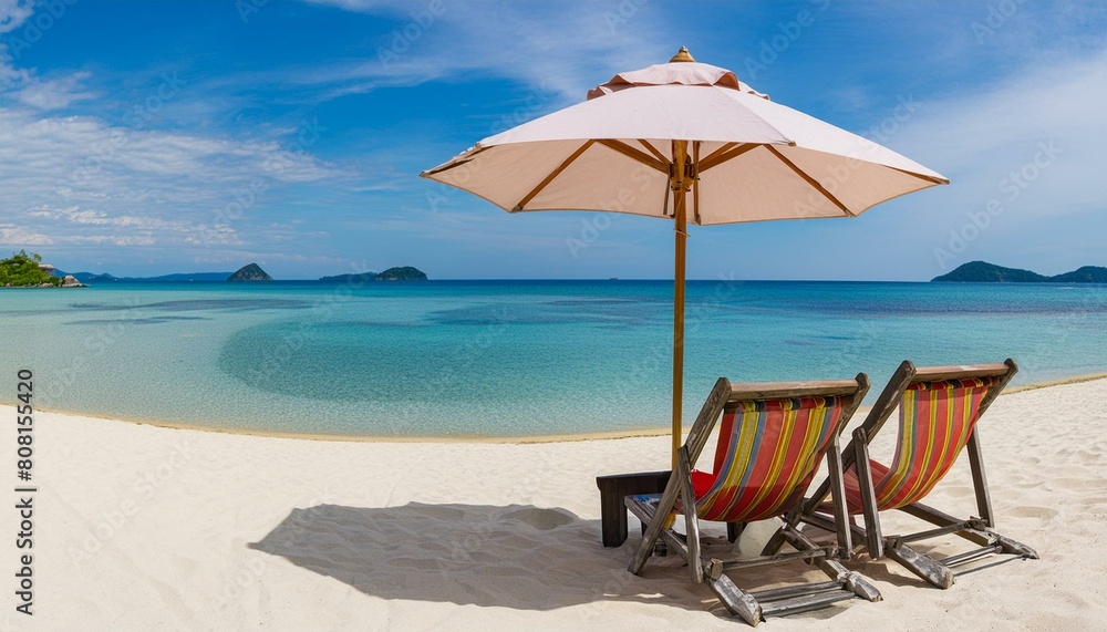 picturesque beach setting, boasting glistening white sands, stylish chairs, and a colorful umbrella, framed against a backdrop of azure ocean and endless sky.