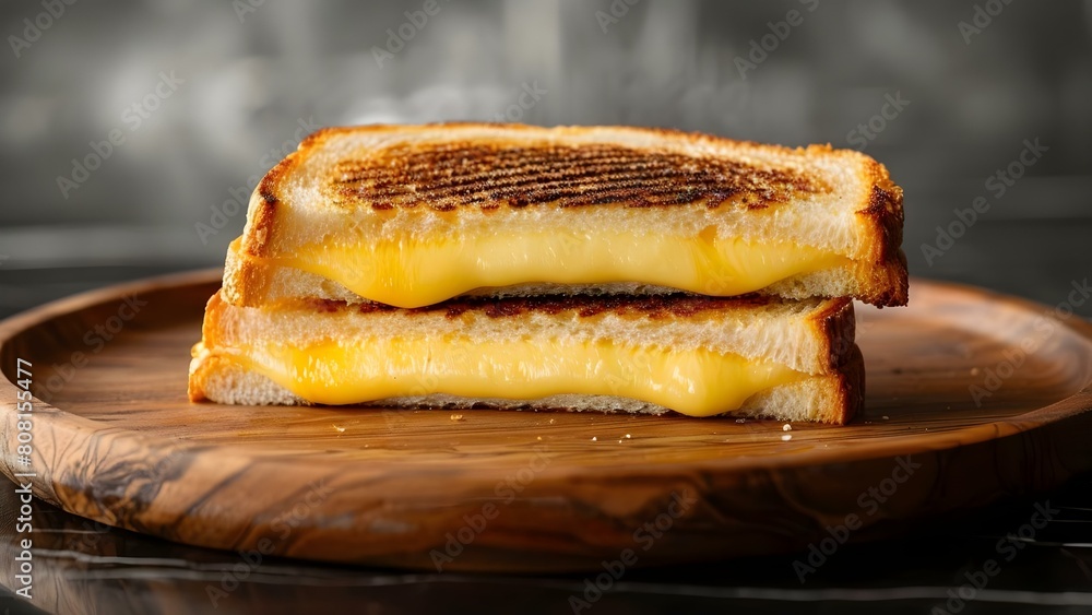 Close-up of a rustic homemade grilled cheese sandwich on a wooden plate. Concept Food Photography, Rustic Cooking, Homemade Recipe, Grilled Cheese Sandwich, Gastronomy Art Close-up of a rustic homemade grilled cheese sandwich on a wooden plate. Concept Food Photography, Rustic Cooking, Homemade Recipe, Grilled Cheese Sandwich, Gastronomy Art