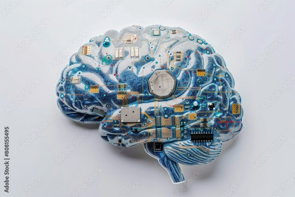 Fototapeta premium Brain made of circuit boards and data streams, technology and artificial intelligence concept, white background.