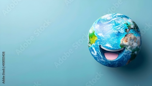 Earth character celebrating on blue background for Earth Day and World Laughter Day. Concept Earth Day, World Laughter Day, Environmental Celebration, Character Design, Blue Background photo