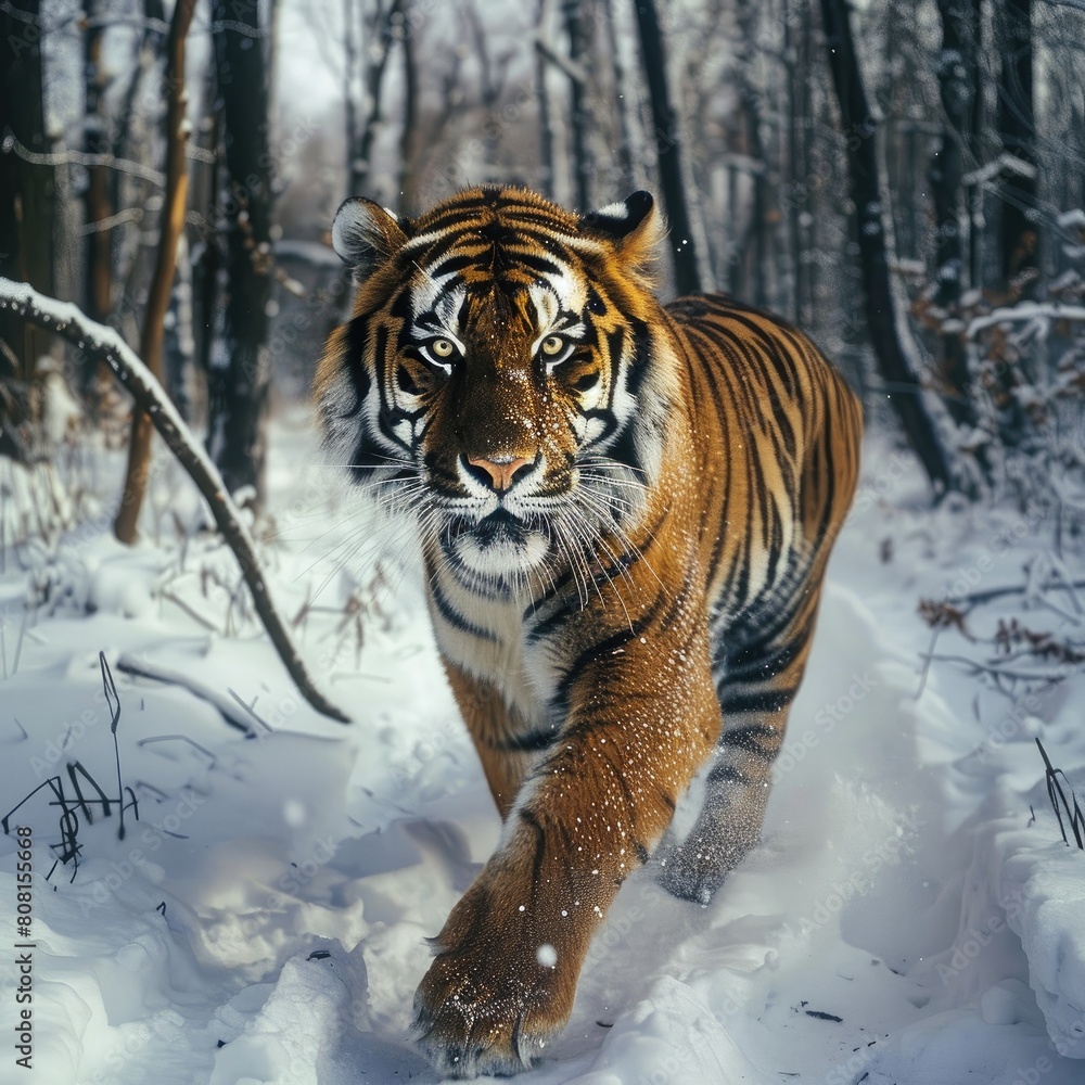 Obraz premium Describe the threat to extinction of the Amur tiger, the symbol of Siberia, against the background of the destruction of forests,