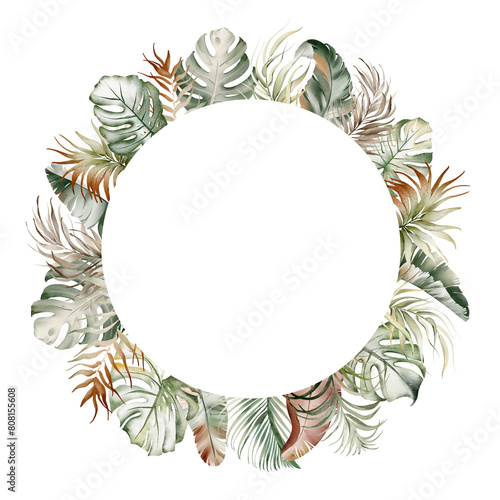 Wreath of tropical leaves and exotic flowers, jungle plants. Floral frames with watercolor tropical leaves. Nature with banana and foliage, forest palms, advertising posters and wedding cards. © Elena