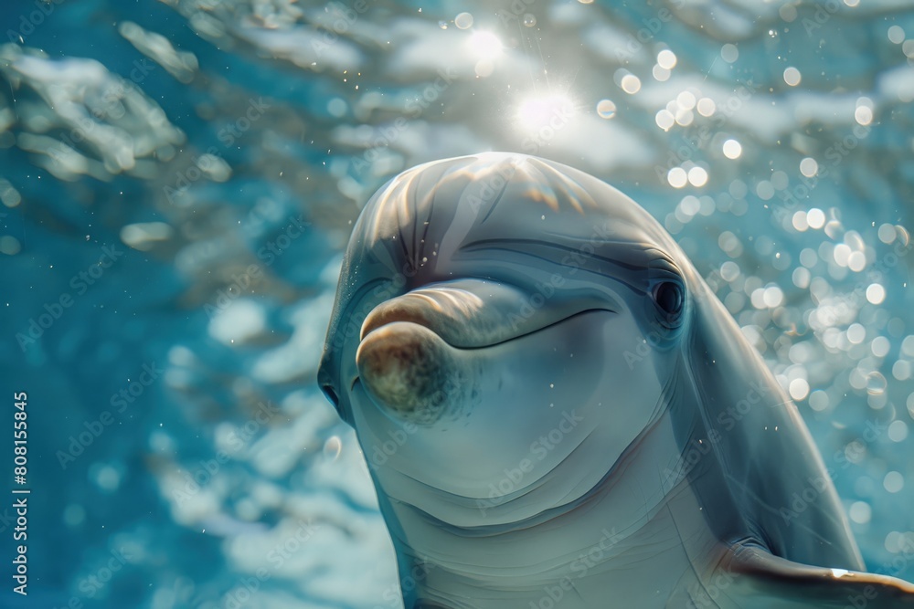 Fototapeta premium Beautiful white dolphin on clear sea water surface, marine life, marine mammal.