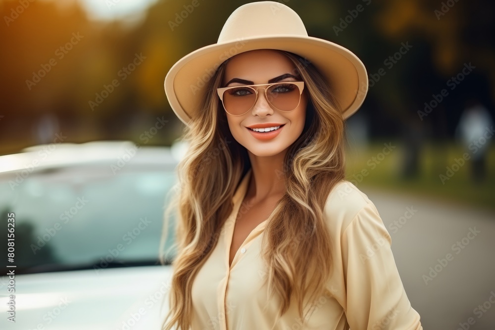 Young woman tourist in a stylish hat standing next to her car, enjoying a summer vacation by the sea