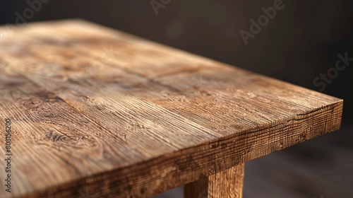 Detailed textures and patterns on the surface of a wooden table, highlighting the natural texture and craftsmanship. photo