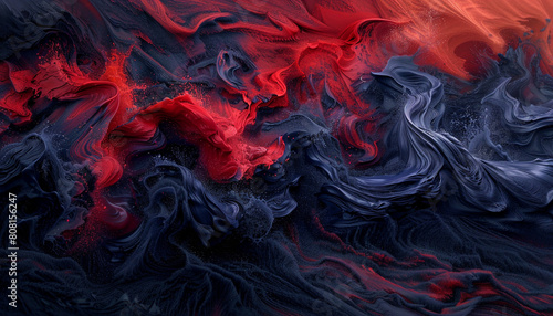 A dynamic and vibrant fusion of scarlet red and navy blue waves, swirling in a forceful manner that captures the energy of a stormy sea. photo