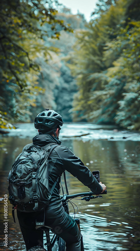 Tranquil Cyclist Capturing River Scenery on Smartphone During Break - Ultra Realistic Concept in Photo Stock © Gohgah