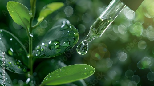 Pipette with essential liquid serum or oil. On a green leaves background with water drops. Selective focus, organic or vegan cosmetic concept. Closeup