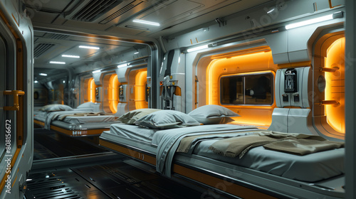 modern concept for capsule hotel room featuring sleek design, compact furniture, digital panel for a futuristic experience in a space-saving layout