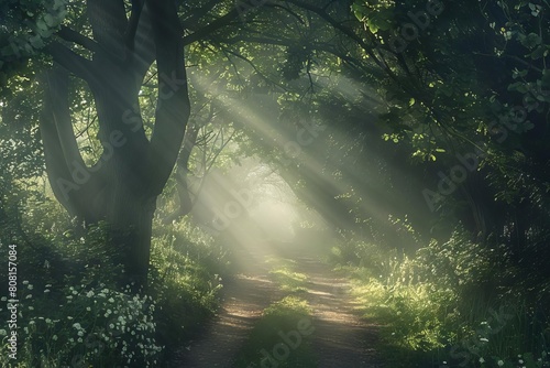 enchanting forest path illuminated by soft sunbeams through misty trees nature photography