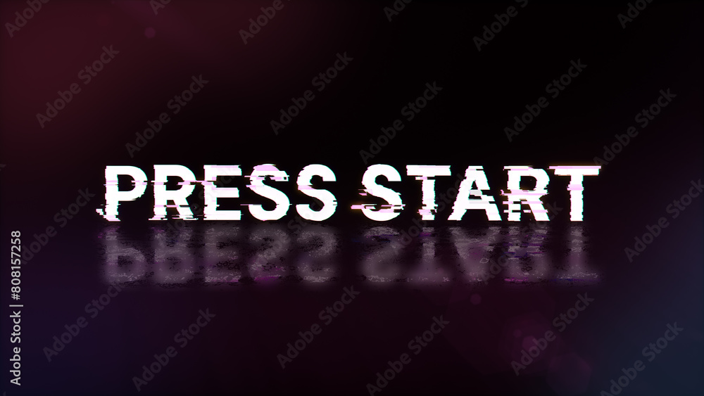 3D rendering press start text with screen effects of technological glitches 3D rendering press start text with screen effects of technological glitches