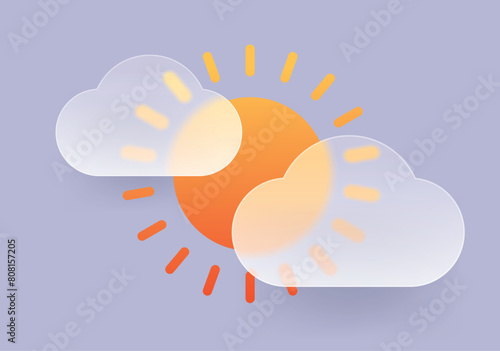 Tableau sur toile Sun and two clouds glass morphism icon Vector good weather symbol