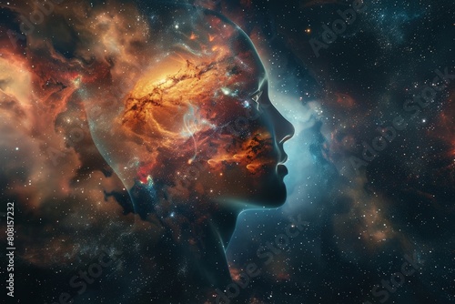 Human head with an outer galaxy like brain  in space  with nebula colors  artificial intelligence concept.
