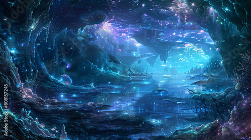 An underwater realm where the sea is a mirror reflecting countless worlds, marine creatures from different dimensions coexist, and the water itself is a fluid boundary between realities,