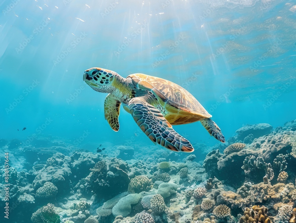 Fototapeta premium Sea turtle swimming in clear blue water, marine life.