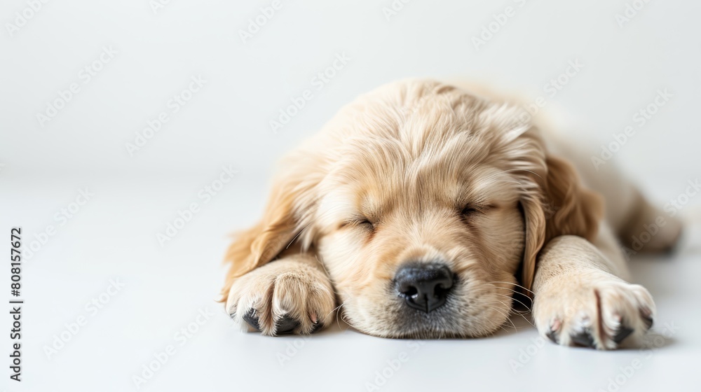 A tight shot of a dog resting on the ground, its head positioned between its paws, and eyes shut A tight shot of a dog resting on the ground, its head positioned between its paws, and eyes shut