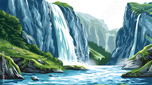 Sunrise hike to a majestic waterfall isolated on white background, pop-art, png 