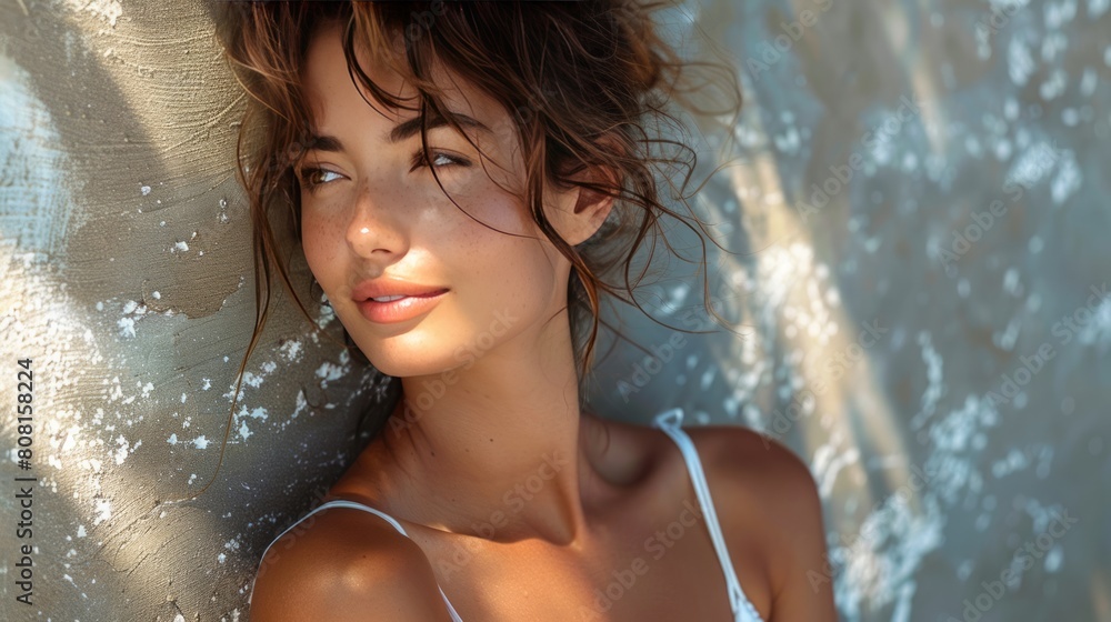 Obraz premium Young woman in a white dress leaning against a sunlit textured wall