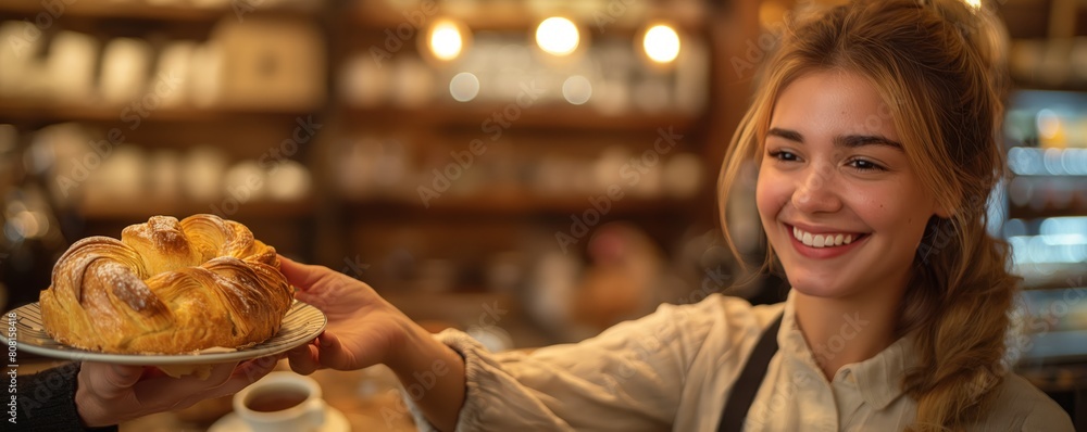 Bakery worker serving a pastry Bakery worker serving a pastry