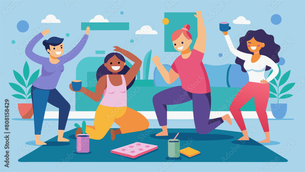 A lively game night takes a healthy turn as friends switch out their pajamas for workout gear and challenge each other to a Pilates competition.. Vector illustration A lively game night takes a healthy turn as friends switch out their pajamas for workout gear and challenge each other to a Pilates competition.. Vector illustration