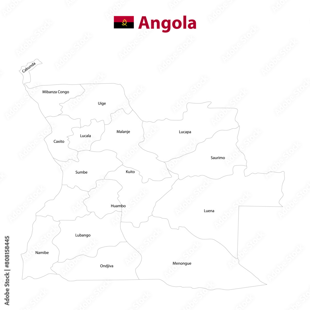 Maps of Angola . Flag map of Angola . Angola  country map vector with regional areas