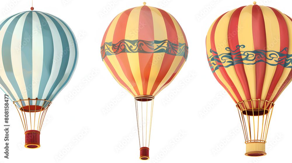 Colorful hot air balloons in the sky isolated on white background, vintage, png

