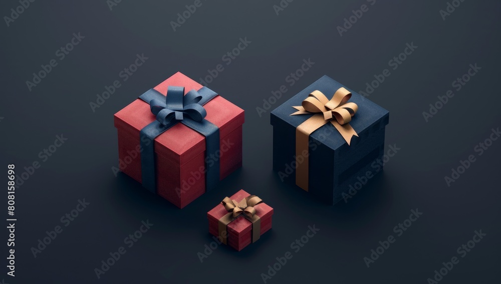 different color gift boxes on a dark background, one small and the other large, both with ribbons tied in bows Generative AI different color gift boxes on a dark background, one small and the other large, both with ribbons tied in bows Generative AI