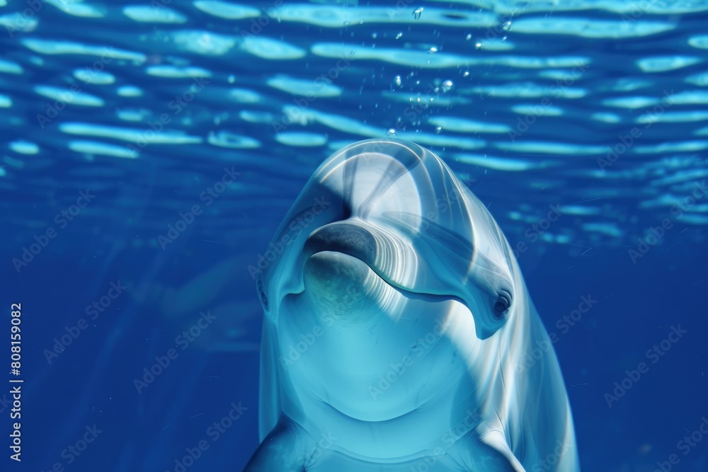 Naklejka premium Smiling white dolphin in blue water, marine mammal.
