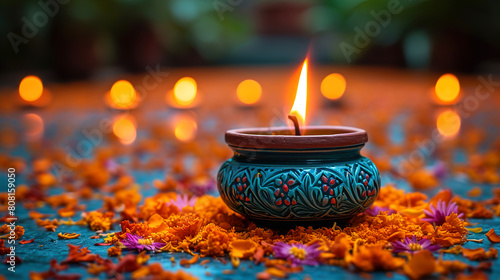 Happy Diwali festival with colorful oil lamps and glowing lights background