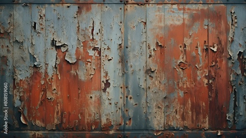 A weathered metal wall with flaking paint photo
