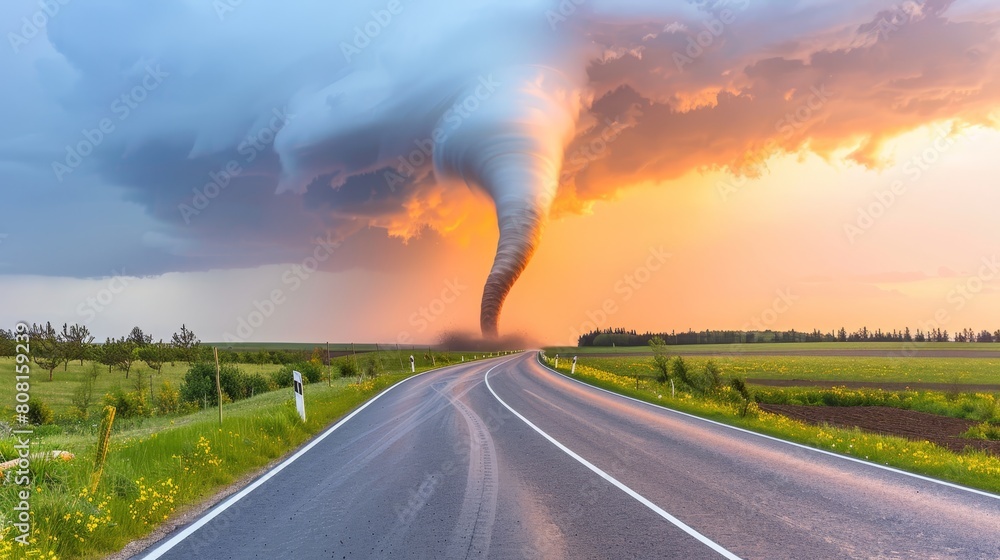 A long road with a towering tornado emerging from its edge and an expansive sky teeming with clouds A long road with a towering tornado emerging from its edge and an expansive sky teeming with clouds