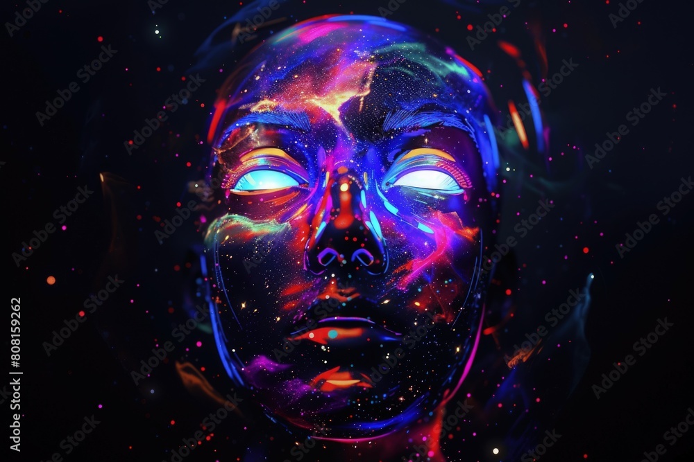 Face of a humanoid figure with glowing eyes with a galaxy inside the head, with vibrant colors and cosmic images. Face of a humanoid figure with glowing eyes with a galaxy inside the head, with vibrant colors and cosmic images.