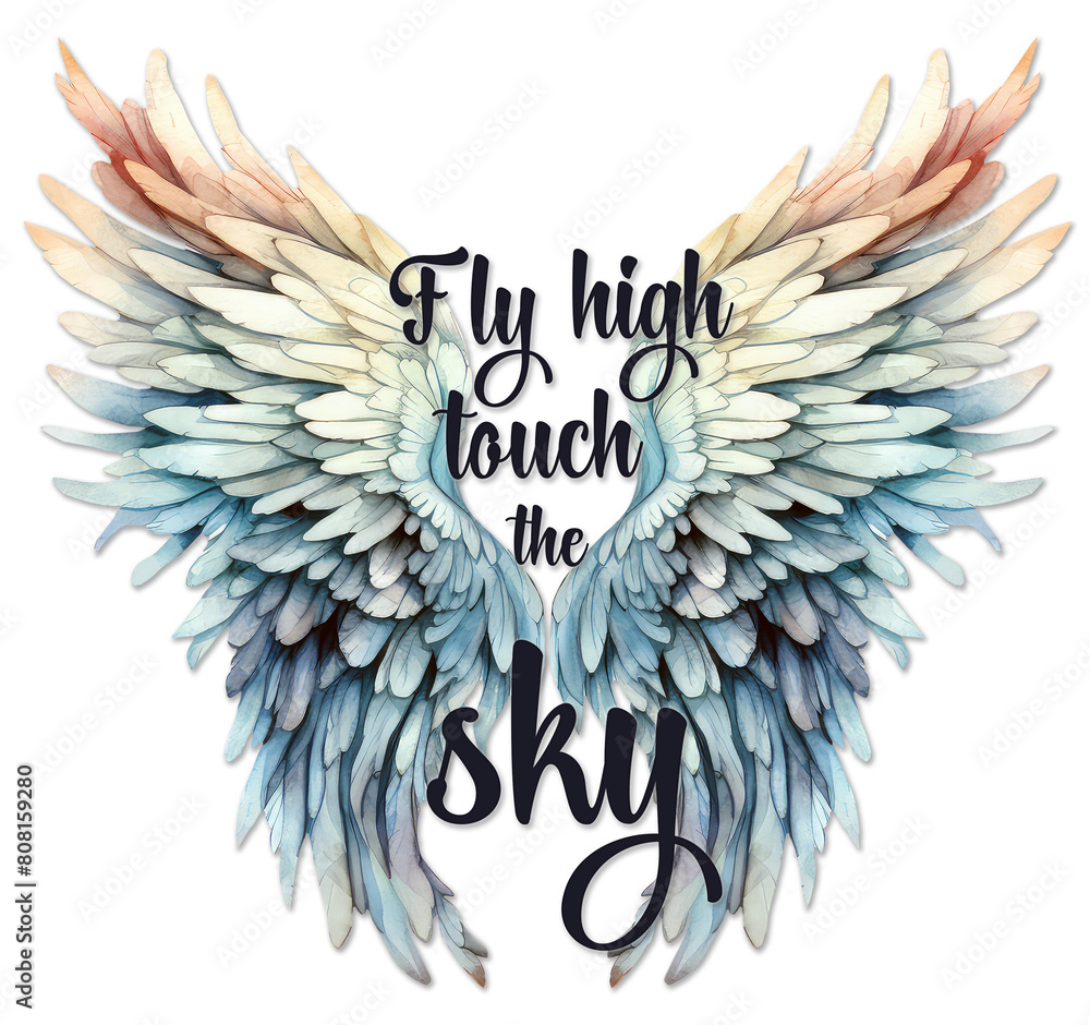 Obraz premium Inspirational quotes, Empowering quotes, Women quotes Fly high, Motivational quotes with watercolor colorful wings