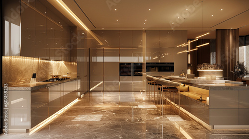 Luxe kitchen design, illuminated by stunning internal lighting arrangements, unparalleled elegance.
