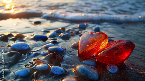 The contrast of fiery red sea glass against cool blue pebbles, set on the wet sand as the tide recedes, creating a striking visual metaphor for the heat of summer against the coolness of the ocean. photo