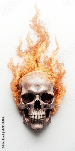 Burning human skull on white background. Halloween or horror concept.