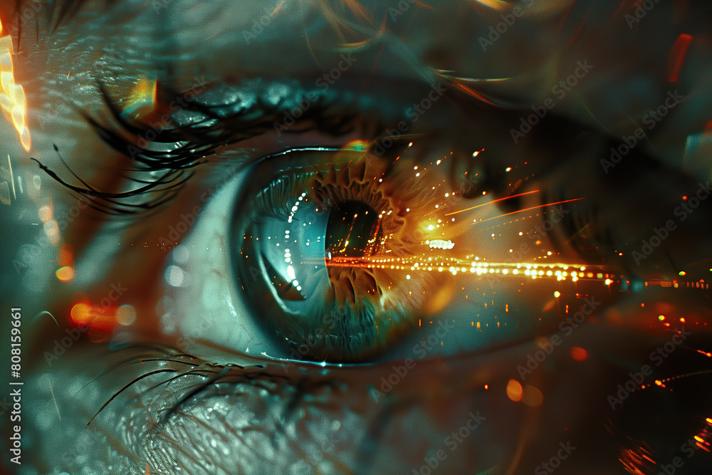 All seeing eye concept. Close up view of human gray eye with sparkling ...