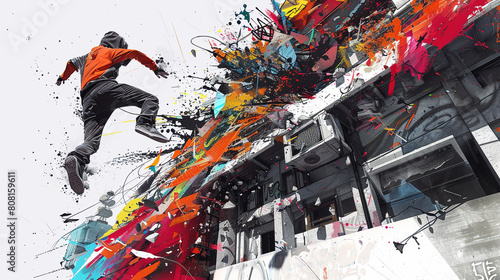 Create a mixed media masterpiece merging the grit of urban graffiti with the fluidity of parkour, showing a freerunner leaping across an urban rooftop adorned, abstract graffit spray paint textures photo