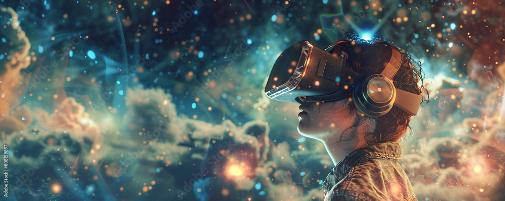 Fototapeta premium Illustrate a mesmerizing scene where personal memories seamlessly merge with virtual reality Achieve a photorealistic quality to bring the digital dreams to life