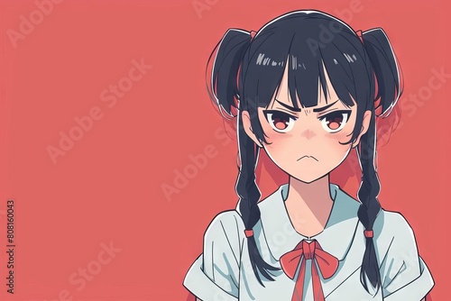 annoyed anime school girl with pigtailed hair slice of life character illustration manga style photo