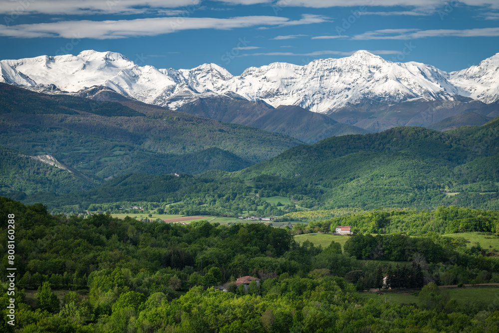 Landscape of southwestern France in spring with the Pyrenees mountains in the background