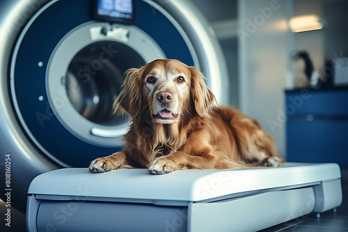 Cocker Spaniel dog lying on an ultrasound scanner in a hospital. photo