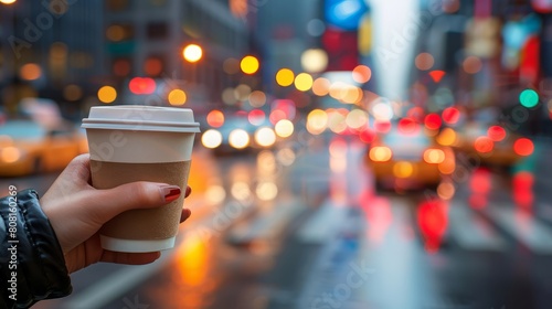   A woman's hand cradles a steaming cup of coffee amidst a bustling city street teeming with vehicular traffic photo