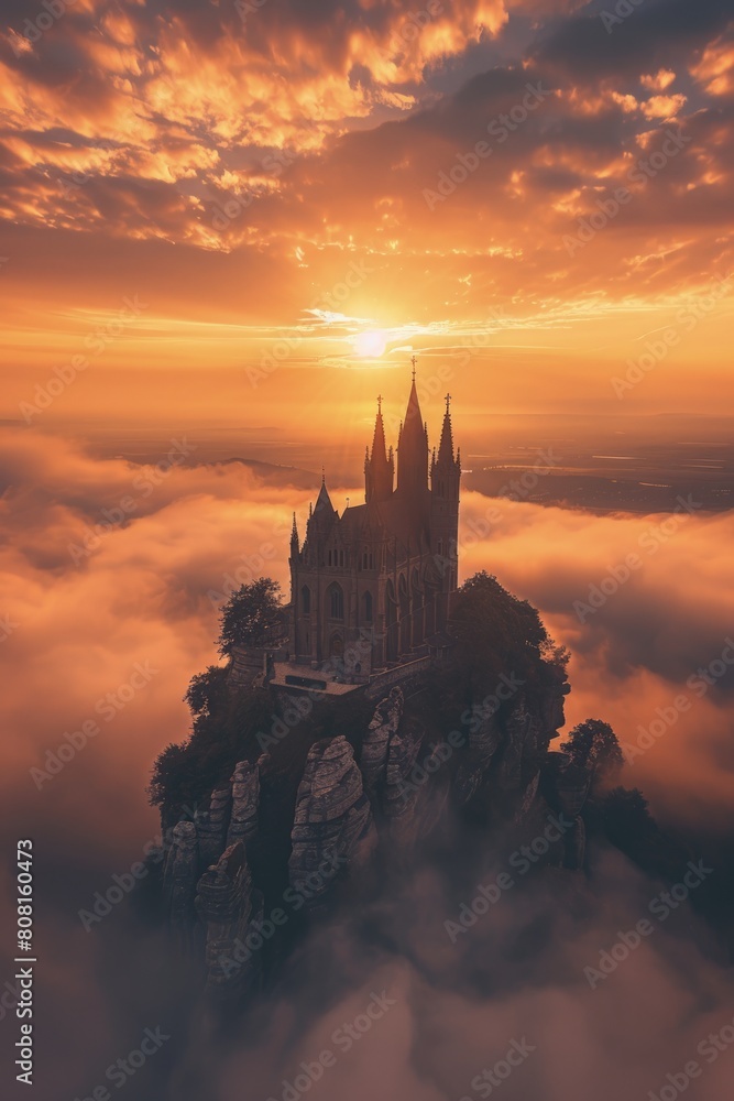 Gothic cathedral on a rocky hill, clouds and sunset in the background, fantasy concept.