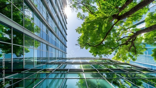 Eco-Friendly Glass Office Building in Modern City Utilizes Trees to Reduce Carbon Emissions. Concept Eco-Friendly Buildings, Glass Architecture, Urban Innovation, Sustainable Design